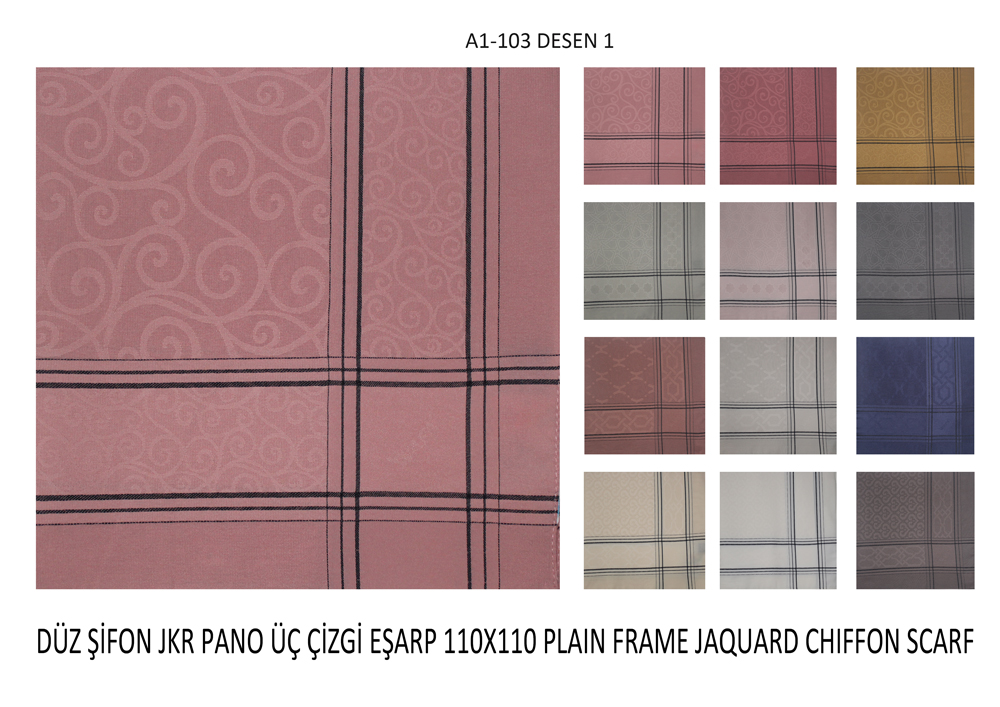 Düz Şifon Jakar Pano Üç Çizgi Eşarp A1-103-1